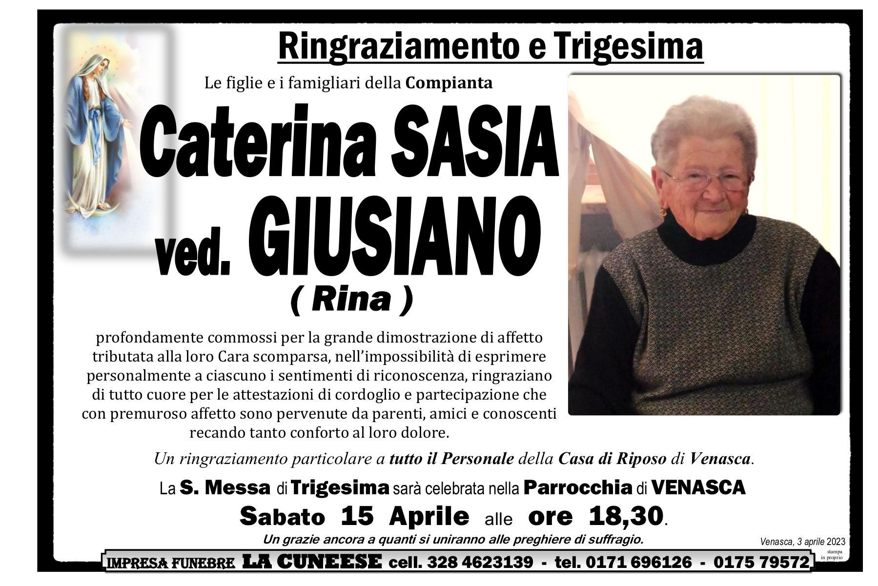 Necrologio di Caterina Sasia, con foto, che annuncia una messa in sua memoria a Venasca, Italia, il 15 aprile.