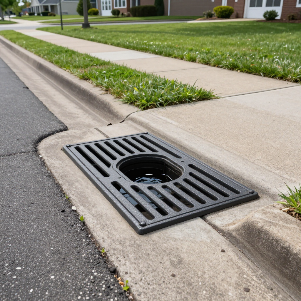 Storm drain grate along a curb beside a sidewalk and grassy lawn in a suburban neighborhood