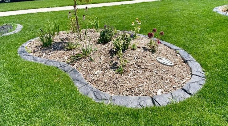 Small oval flower bed with sparse plants and mulch, edged with gray stones in a green lawn.