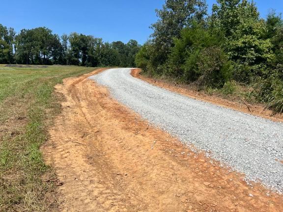 Gravel road curving through a grassy field with trees under a clear blue sky