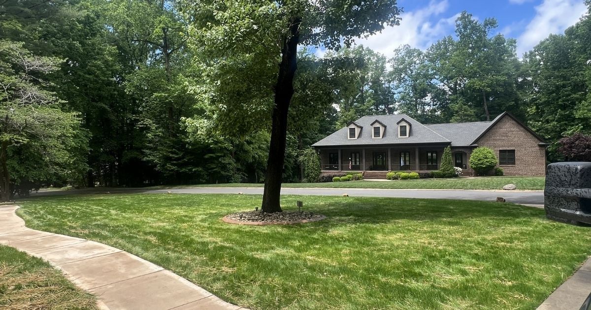 Green lawn after Lake Wylie SC yard revamp with sod and landscape finishing