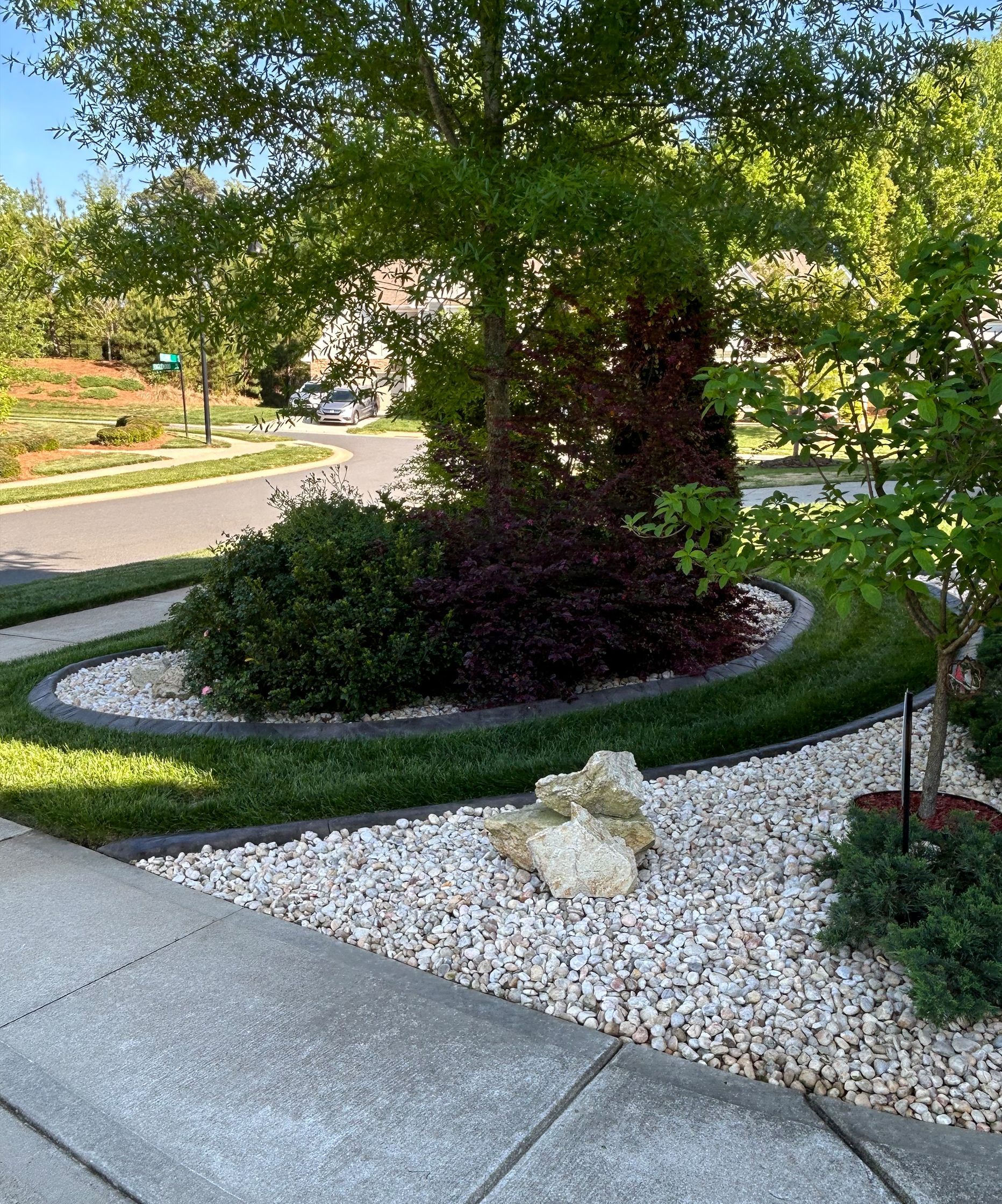 Landscaped front yard with a tree, green shrubs, white stones, and a curved sidewalk near a street.