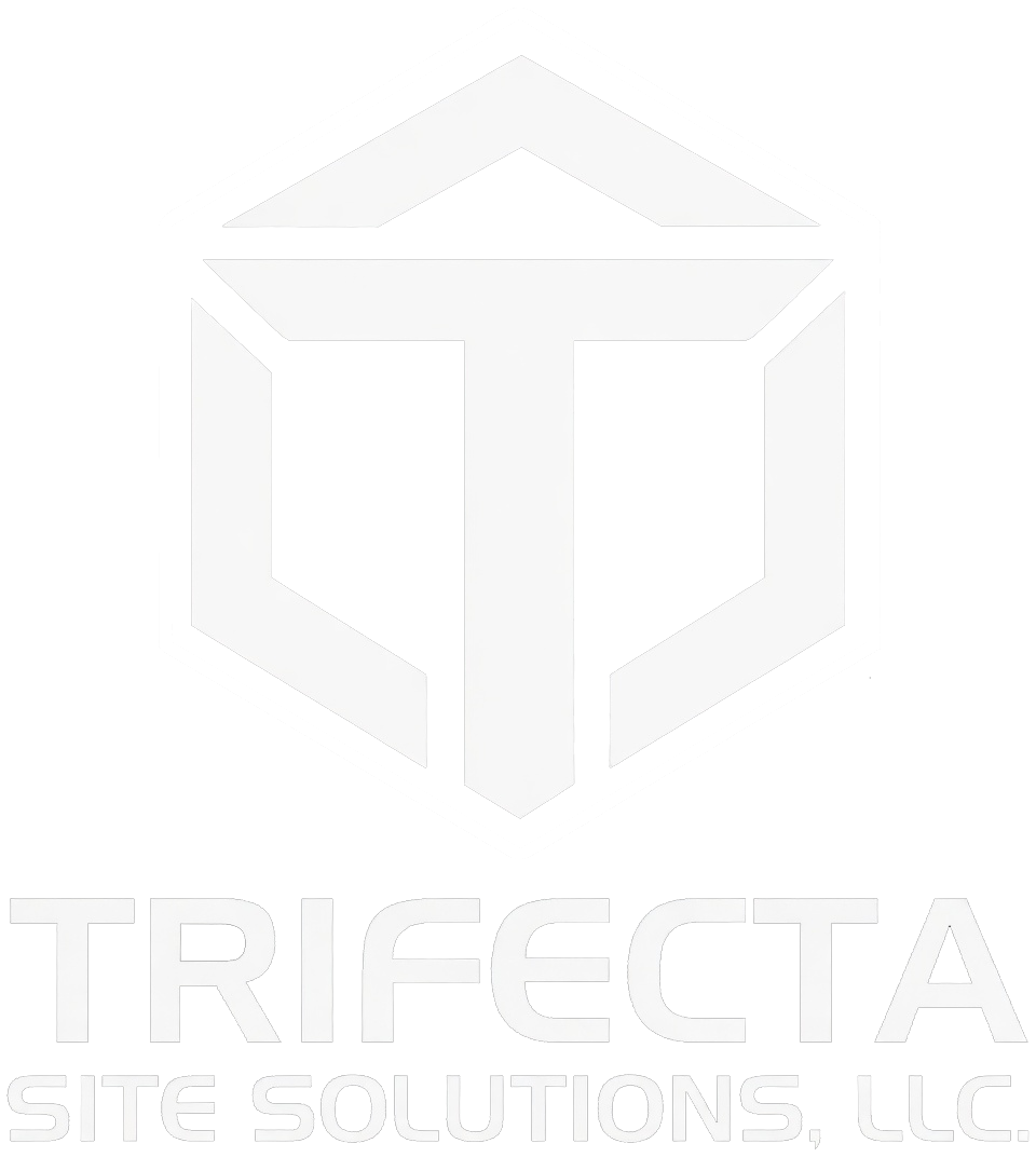 Faint white Trifecta Site Solutions logo with geometric shield icon on a white background