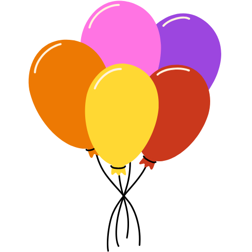 Five colorful balloons tied together; orange, pink, purple, yellow, and red.