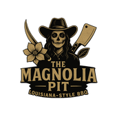 The Magnolia Pit logo with a skull in a cowboy hat, magnolia flower, and barbecue tools