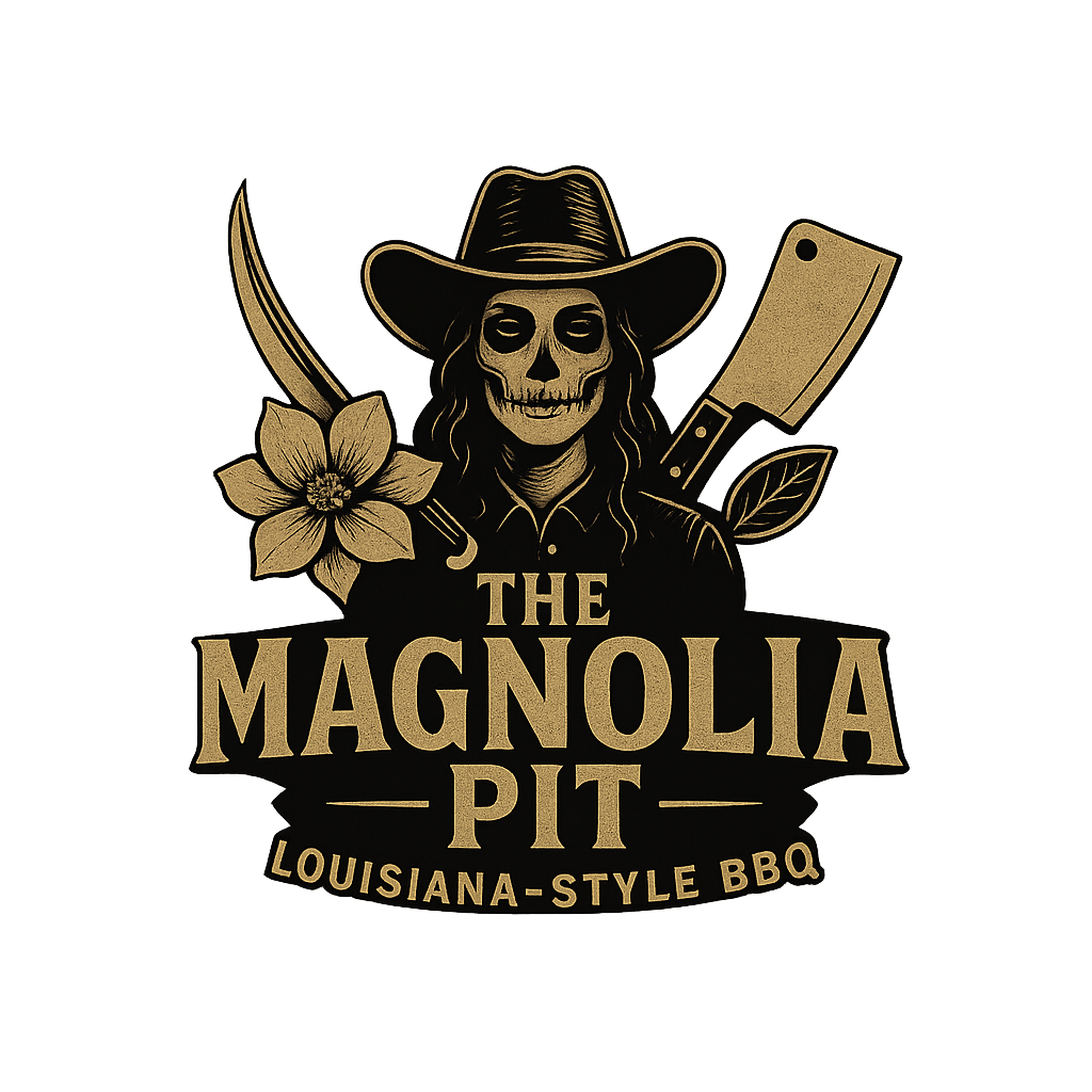 The Magnolia Pit logo with a skull in a cowboy hat, magnolia flower, and barbecue tools