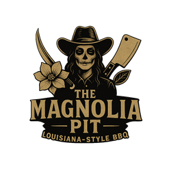 The Magnolia Pit logo with a skull in a cowboy hat, magnolia flower, and barbecue tools