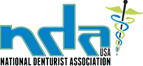 National Denturist Association logo in blue and green with a caduceus symbol