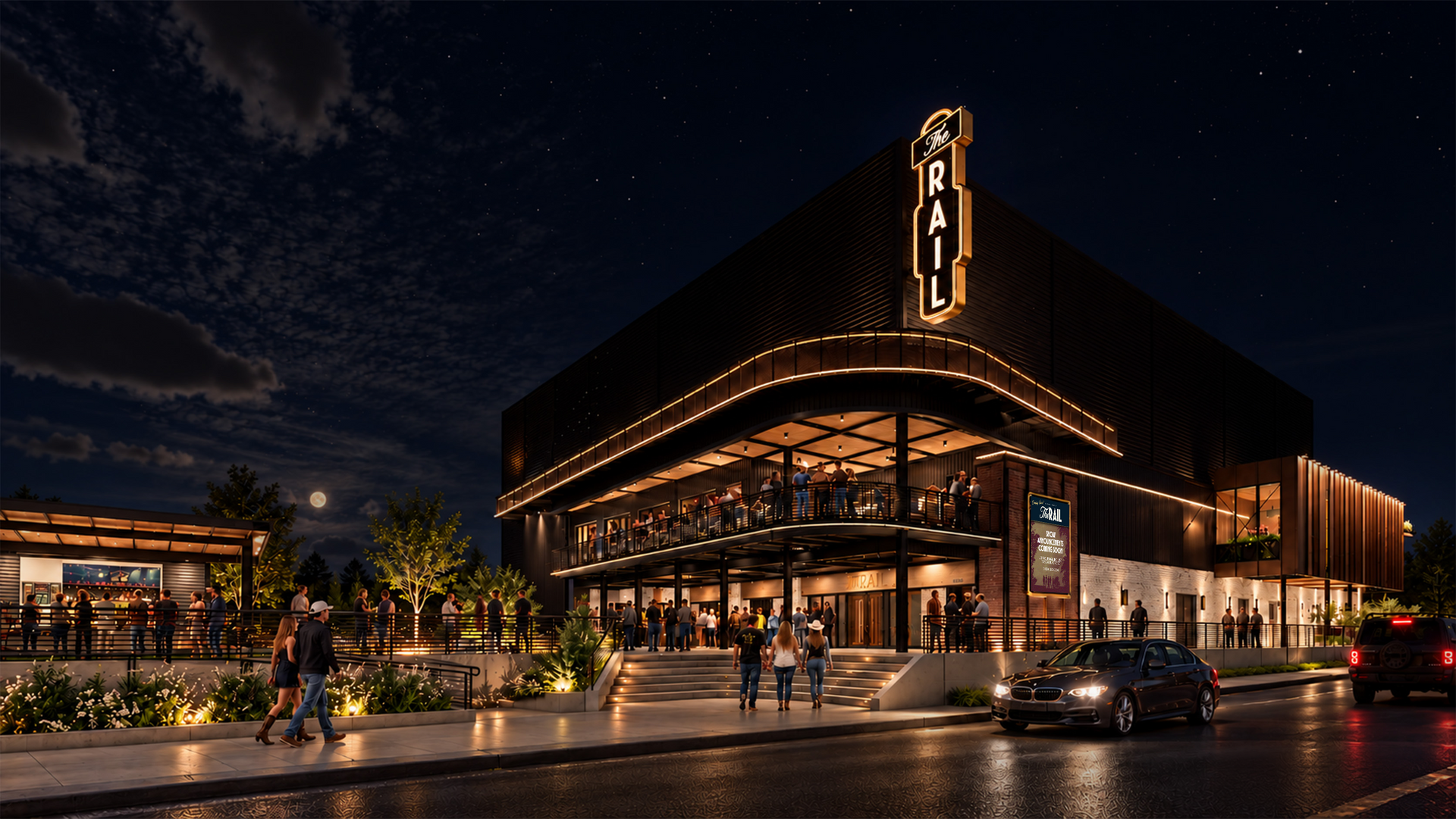 Modern building with wood accents and star logo, people walking, black car on road, blue sky.