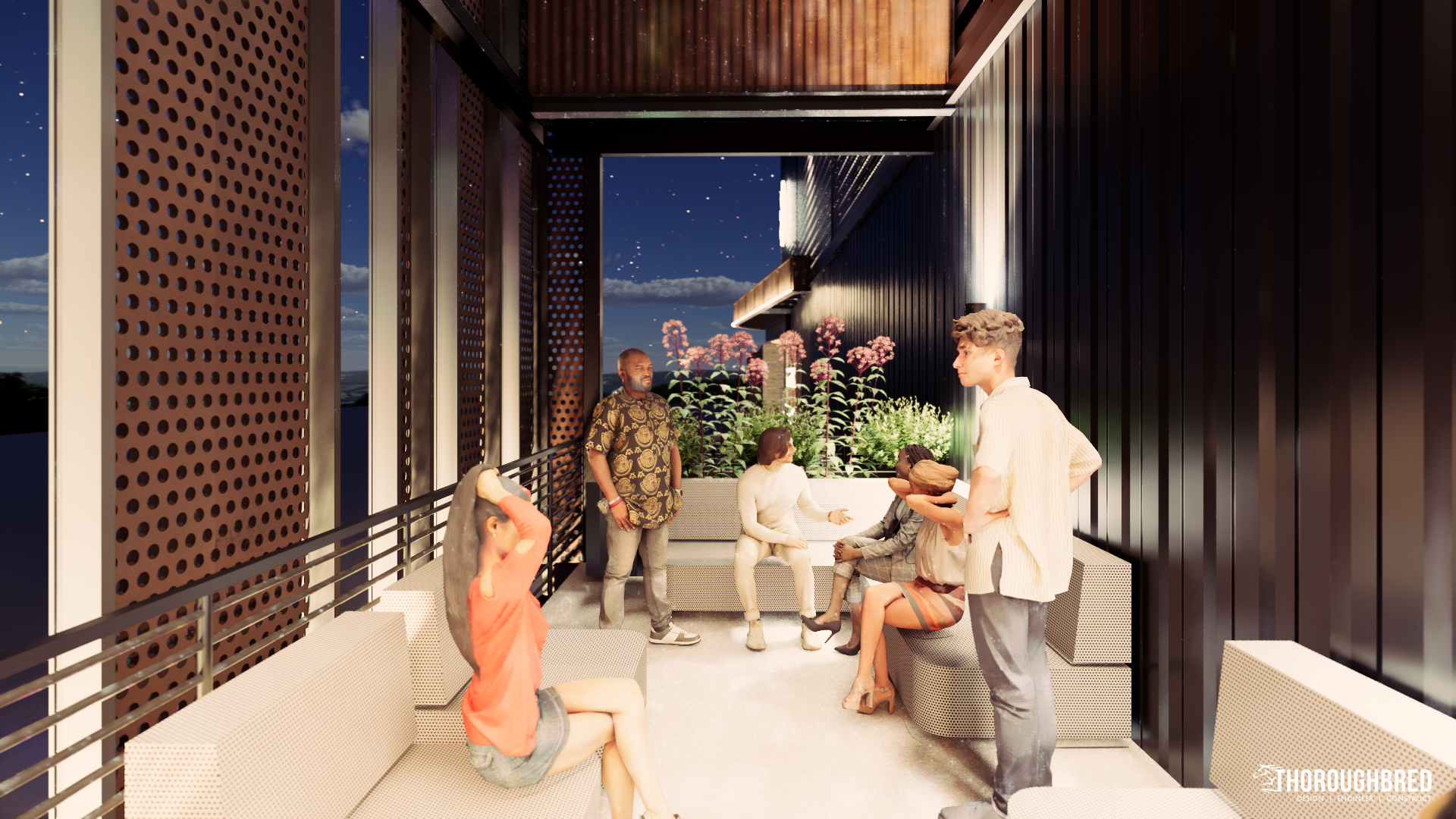 Outdoor lounge with people sitting and talking. Nighttime setting with wood and dark metal accents.