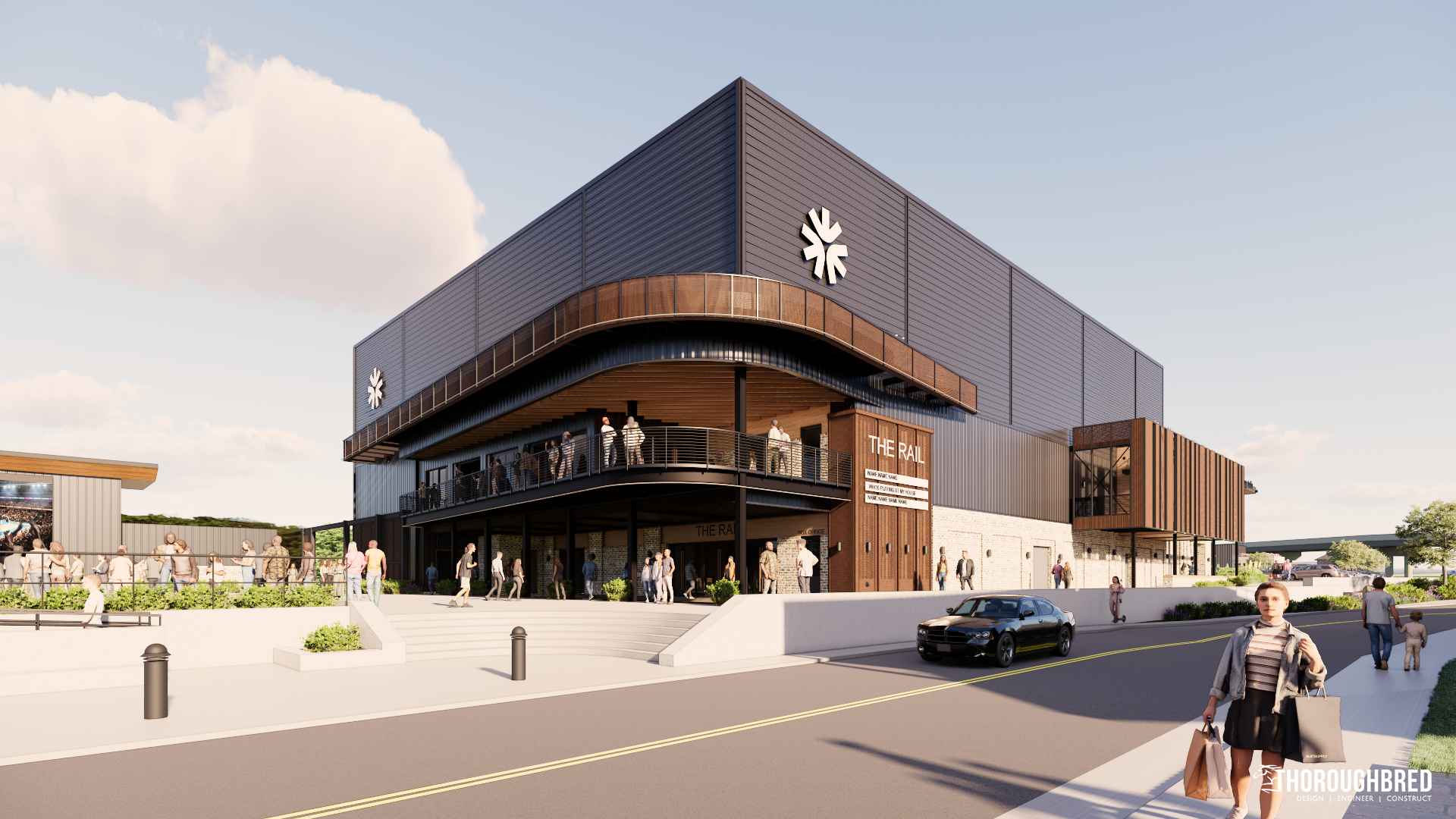 Modern building with wood accents and star logo, people walking, black car on road, blue sky.