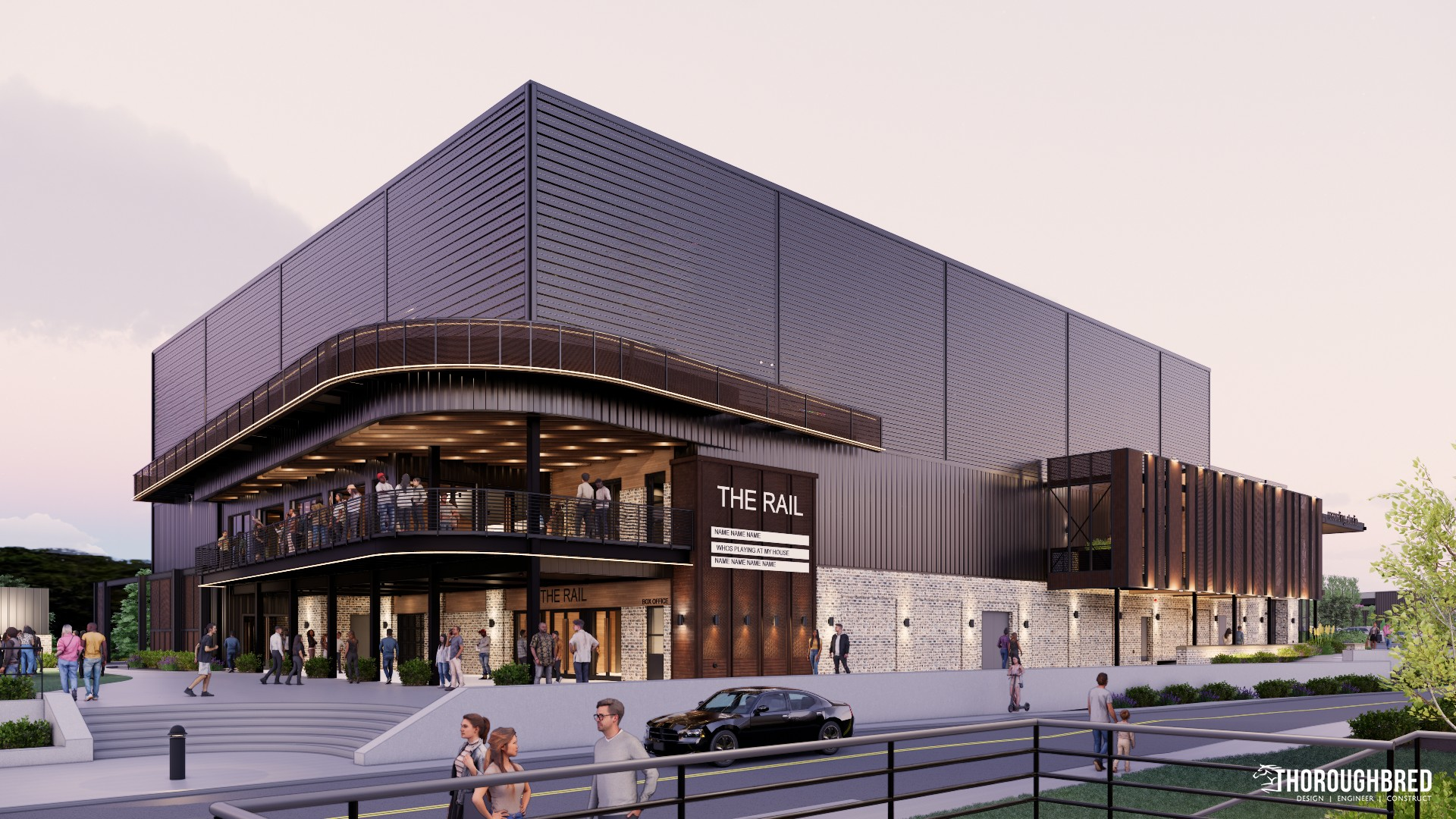 Modern building with wood accents and star logo, people walking, black car on road, blue sky.