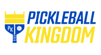Logo for Pickleball Kingdom, featuring a yellow crown and a blue paddle with a pickleball.