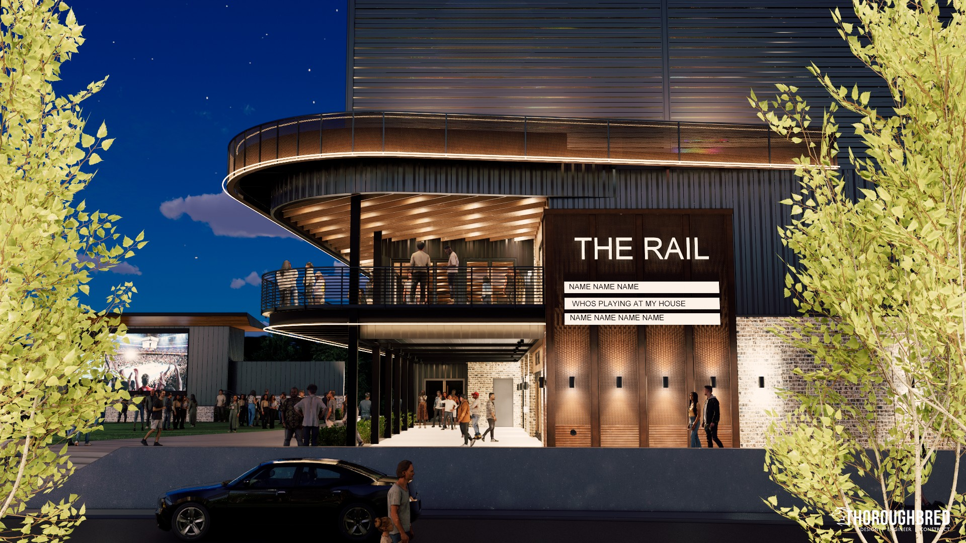 Exterior view of The Rail entertainment venue at dusk with people. Building has sign, lighting, and an upper level balcony.