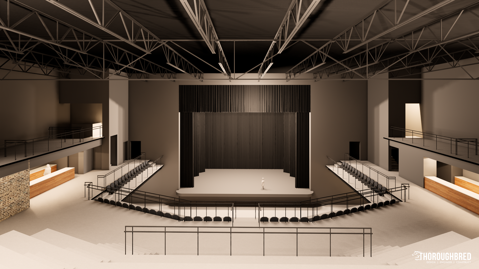 Interior view of a theater stage with tiered seating. Gray and black decor. Empty stage with closed curtains.