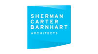 Sherman Carter Barnhart Architects logo: white text on a blue, curved background.