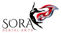 Silhouette of a dancer in mid-air with flowing red and blue fabric;