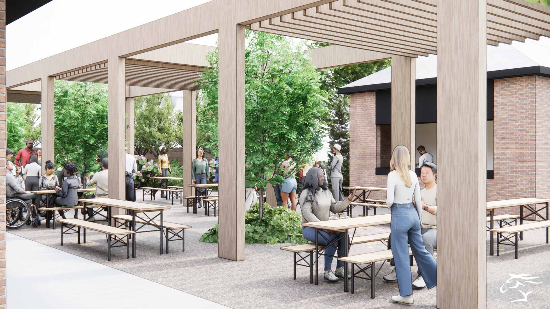 Outdoor dining area with tables under a wooden pergola, people eating and socializing.