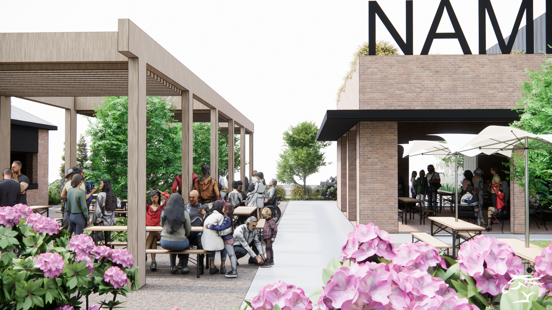 Outdoor dining area with pergola, tables, and people. Brick building with