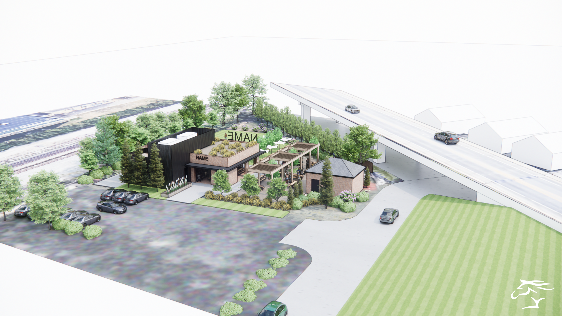 Architectural rendering of a building with a green roof, landscaping, and a highway overpass.