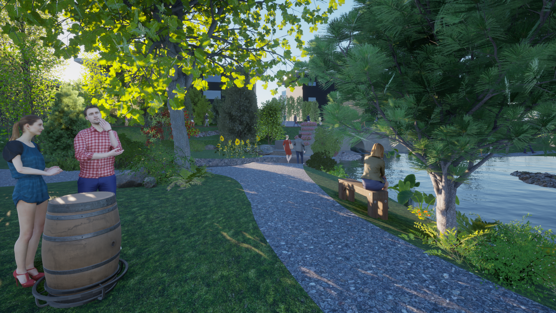 People in a park: A couple near a barrel, others on path near water and benches. Green trees and sunny light.