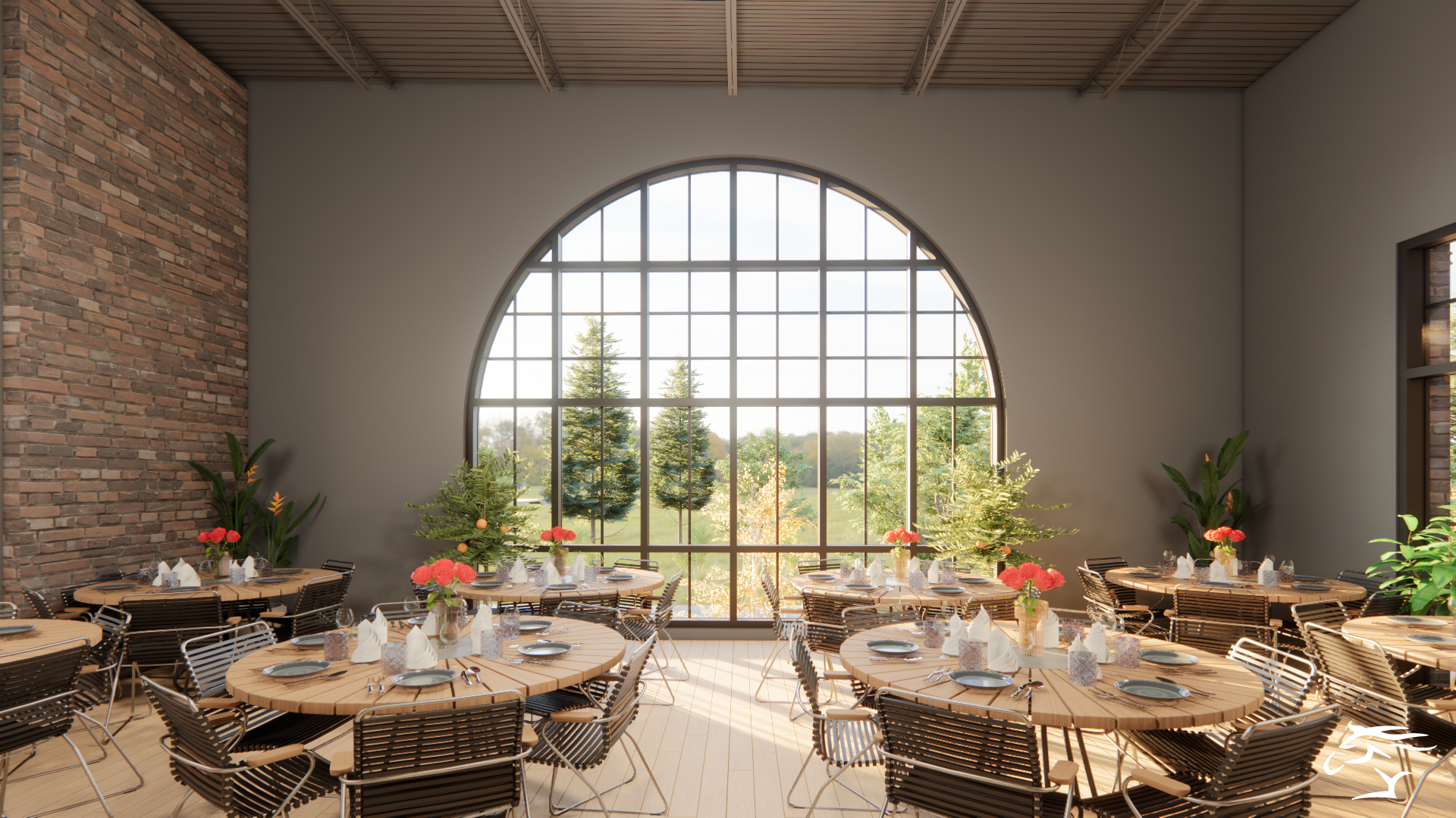 Restaurant interior with tables set for dining, arched window looking out at trees.