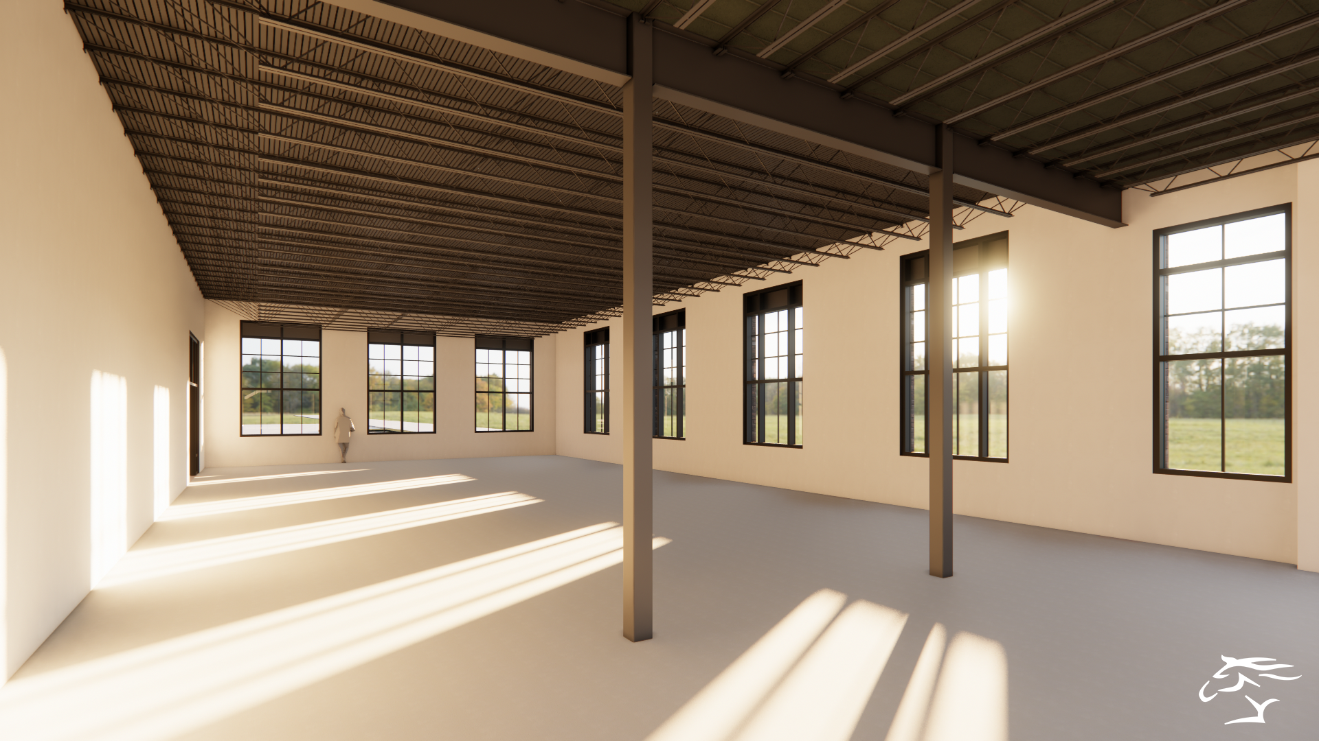 Empty, spacious room with tall windows, steel beams, and concrete floor; sunlight streams in.