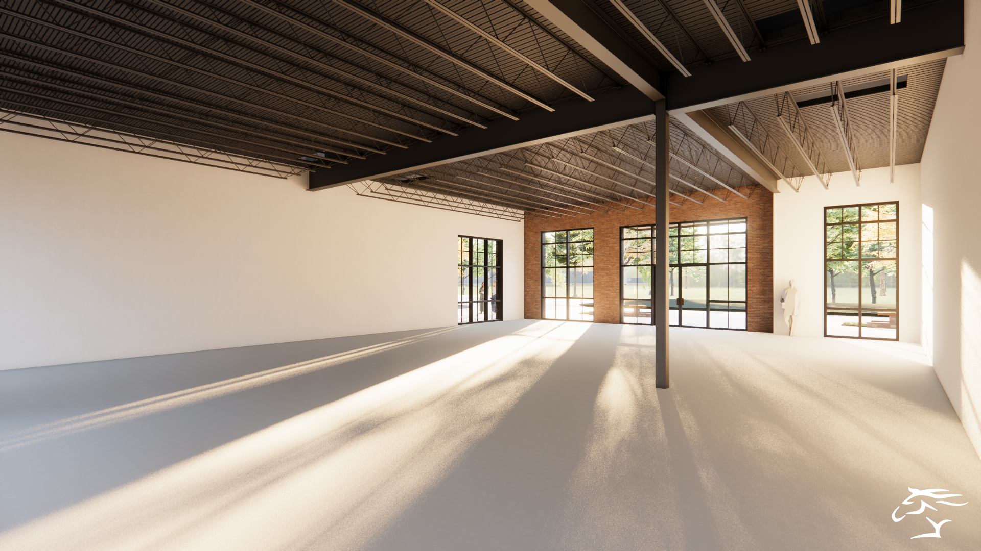 Empty industrial-style room with exposed ceiling beams and large windows, bathed in sunlight.