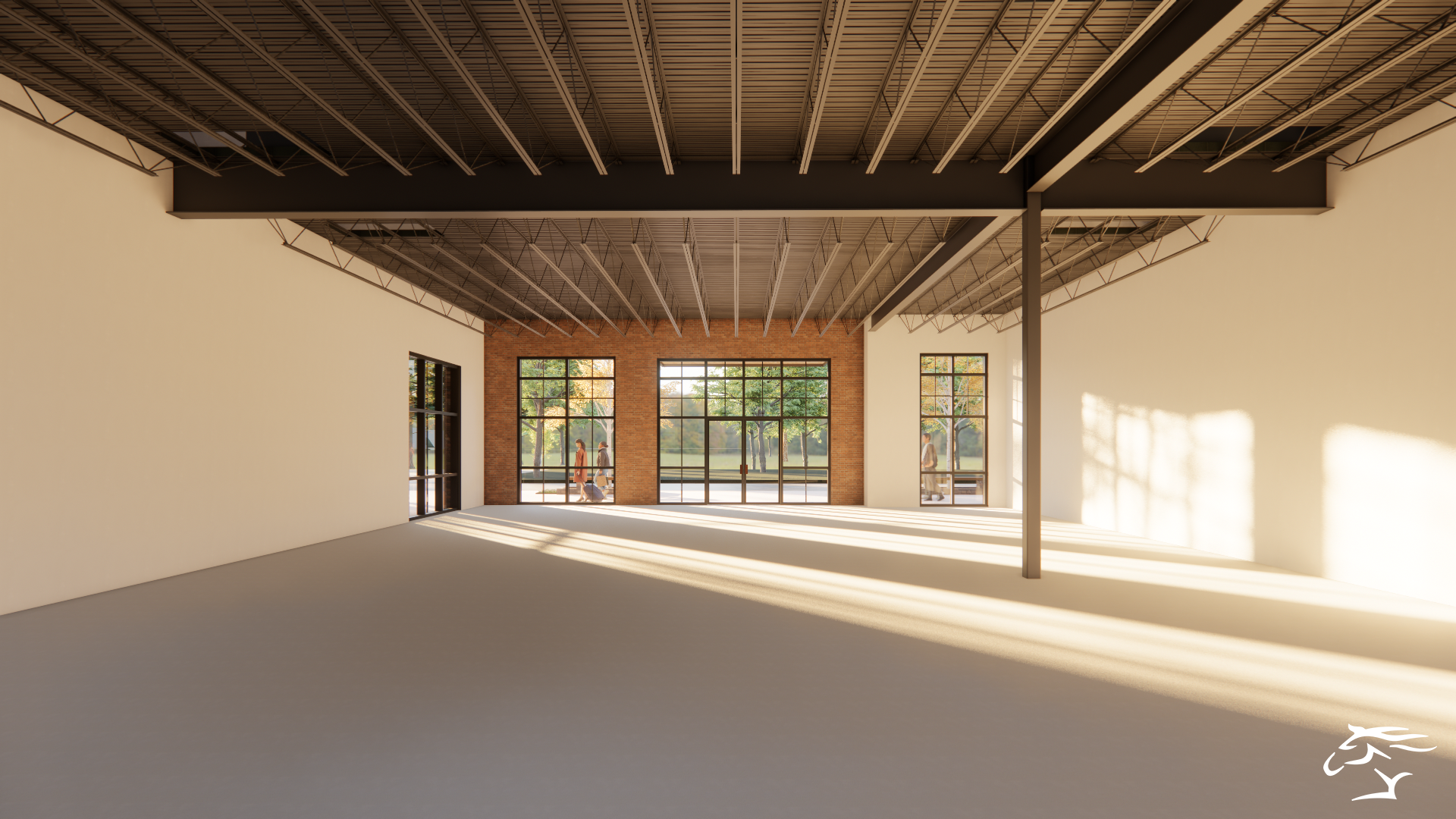 Empty industrial-style interior with exposed ceiling beams and large windows, bathed in sunlight.