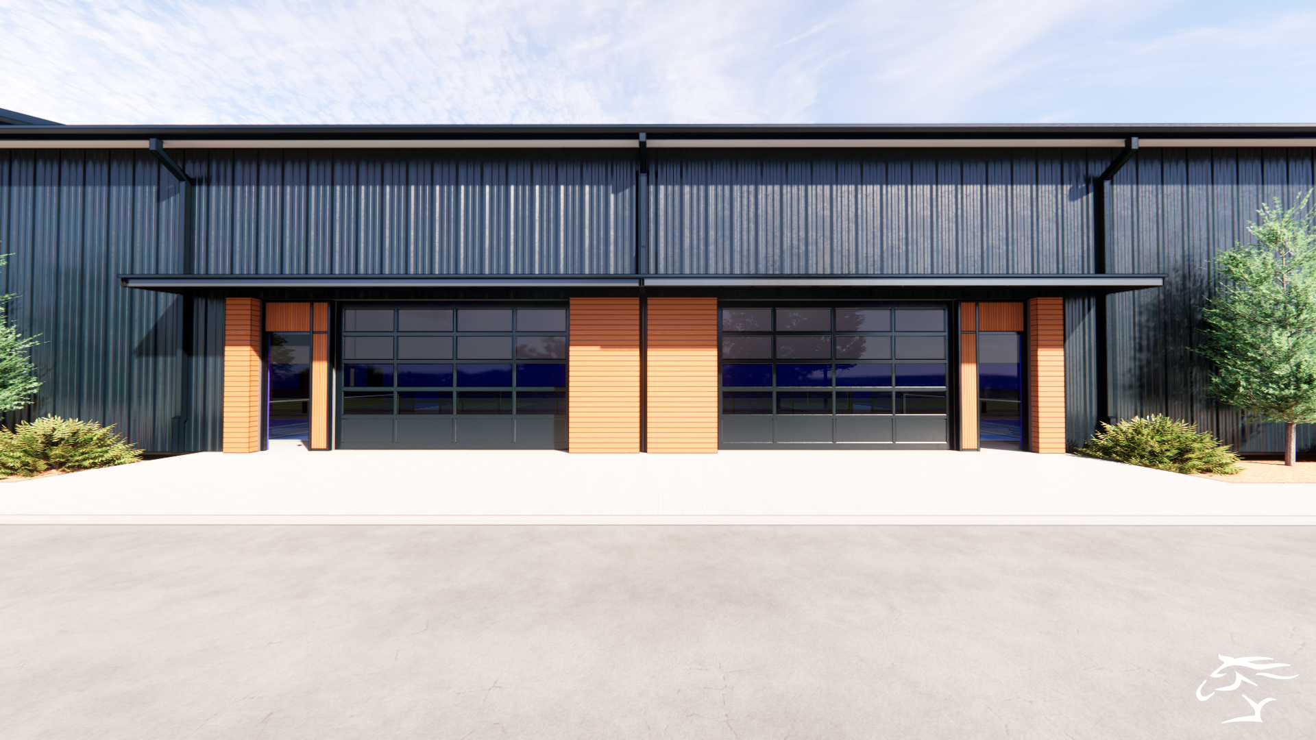 Exterior view of a modern industrial building with dark blue metal siding, glass garage doors, and wooden accents.