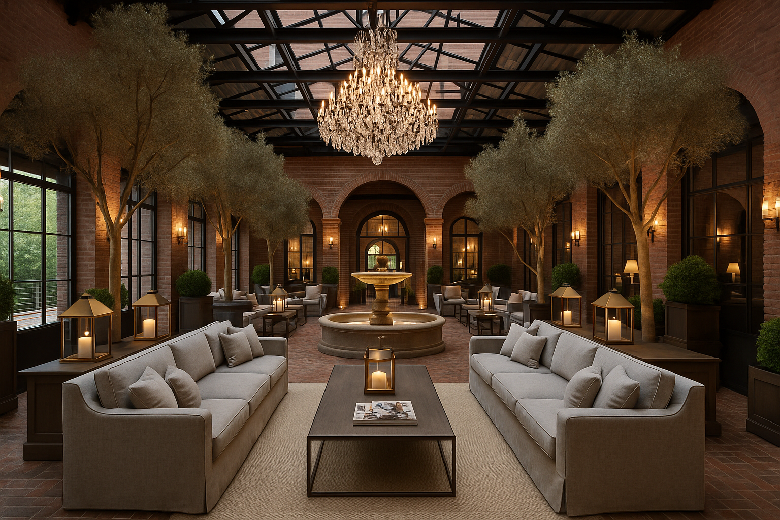Elegant indoor lounge with sofas, olive trees, a fountain, and a chandelier.