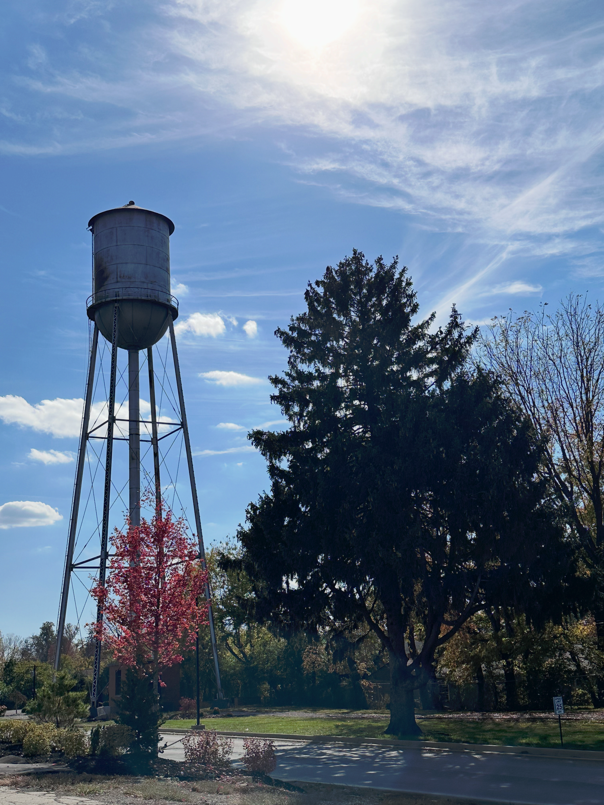 Water tower and trees against a bright, partly cloudy sky. Autumn colors on some trees.