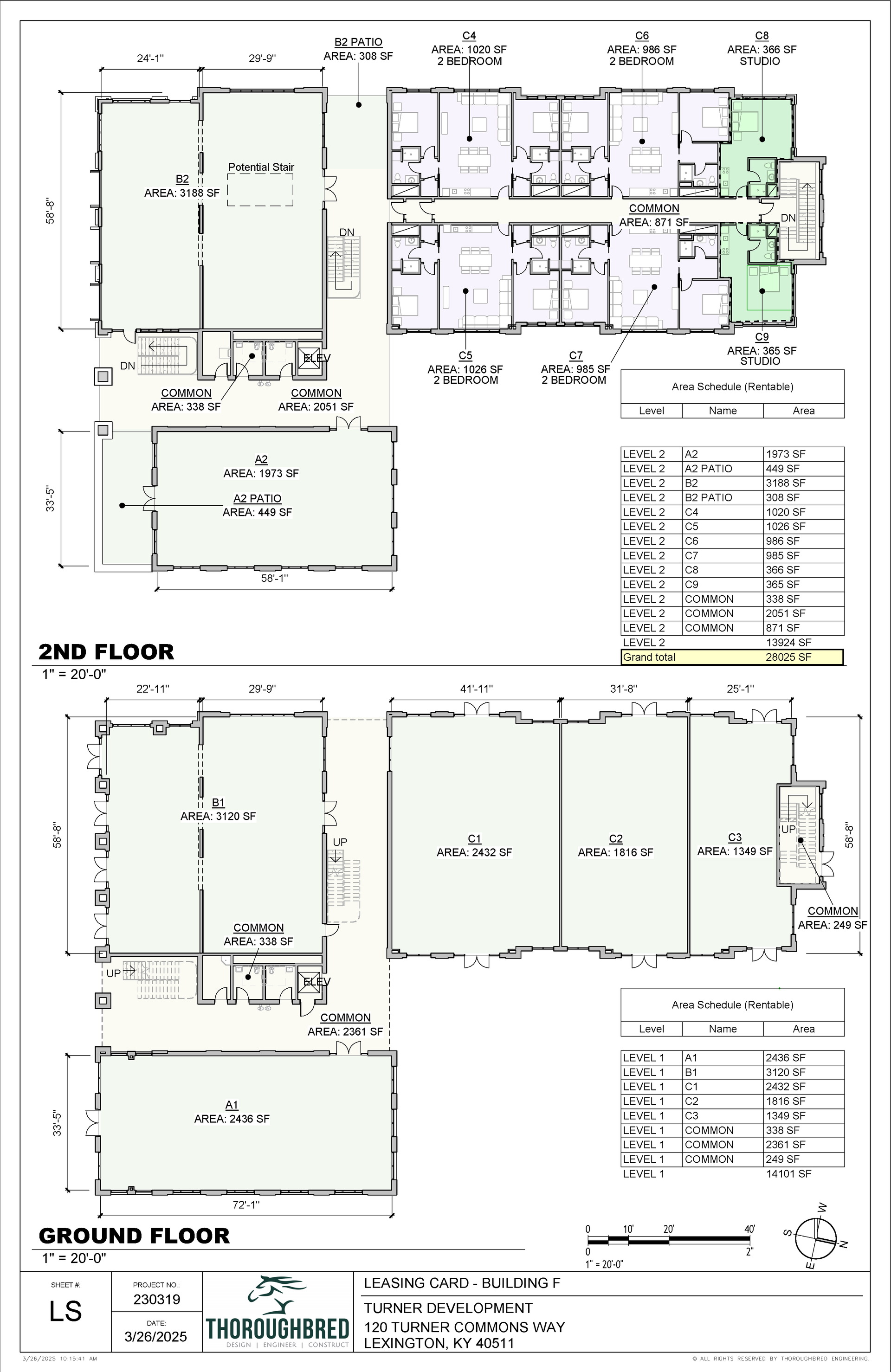 Architectural floor plans: ground and second floor layouts. Green highlighting, dimensions, and room details.