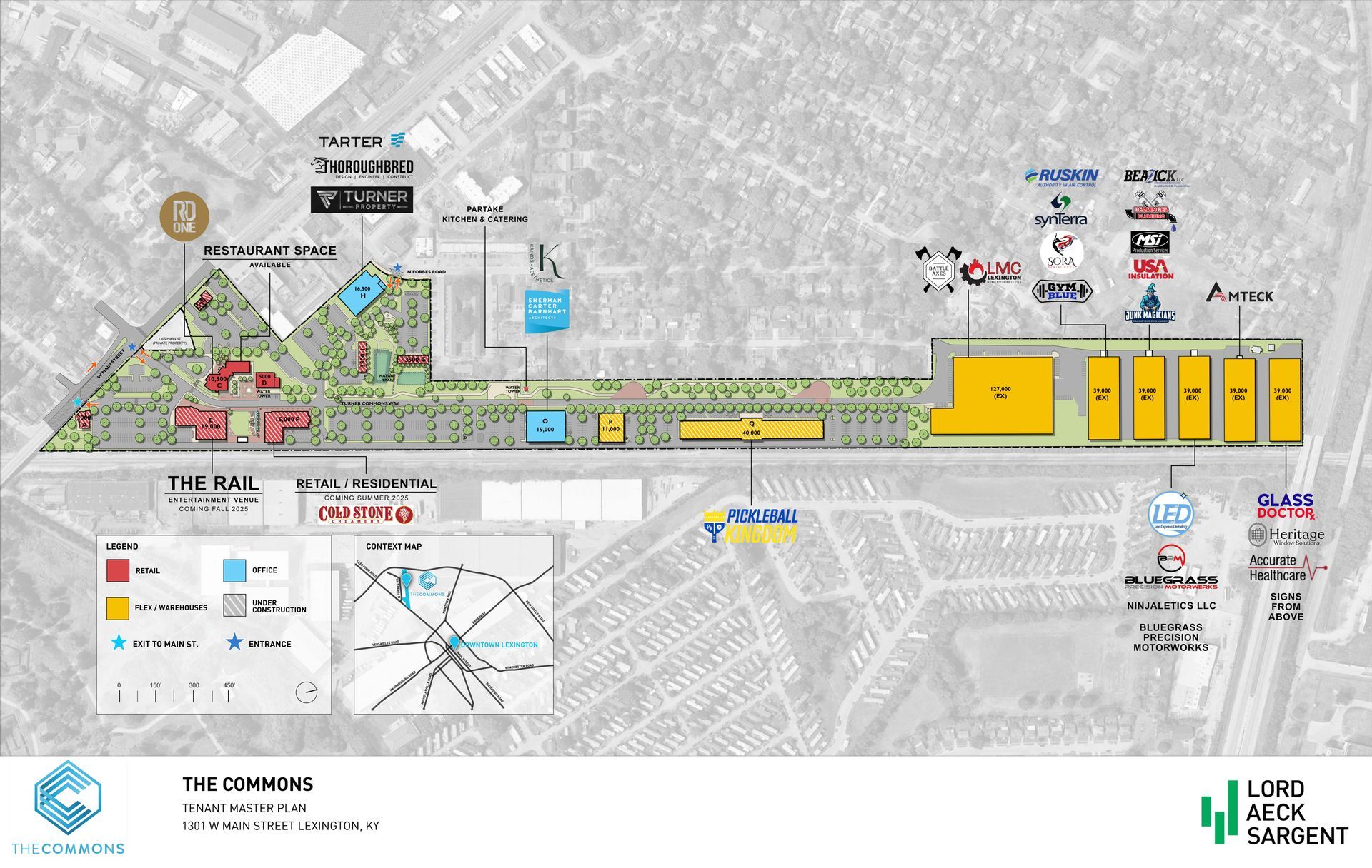 Map of a commercial development, with labeled buildings, parking, and roadways in a gray cityscape.