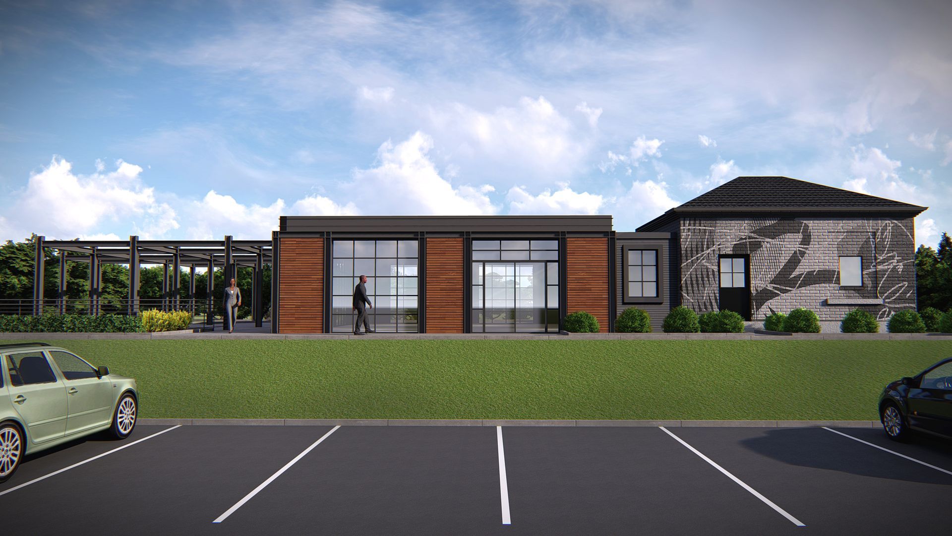 Modern building with parking lot. Brown and glass facade, dark accents. Green grassy hill. Cloudy sky.