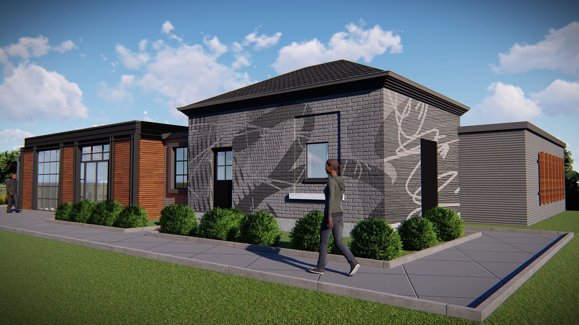 Modern buildings with brick and wood siding. A person walks on the sidewalk. Blue sky with clouds.