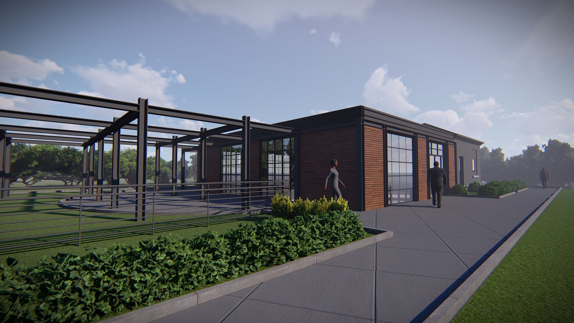 Modern building with a metal-framed pergola, wood-paneled walls, and glass windows. People stand near the entrance.