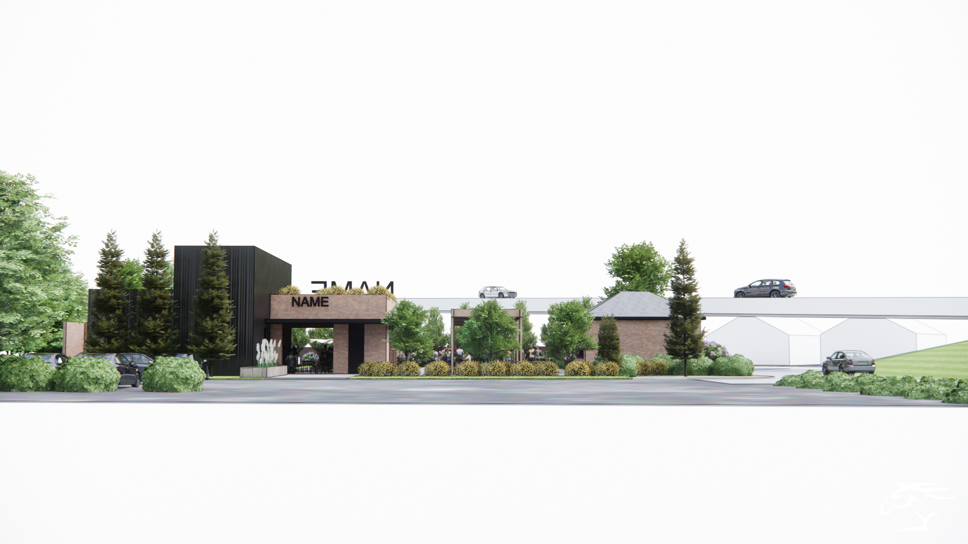 An architectural rendering of a modern building with trees and landscaping.