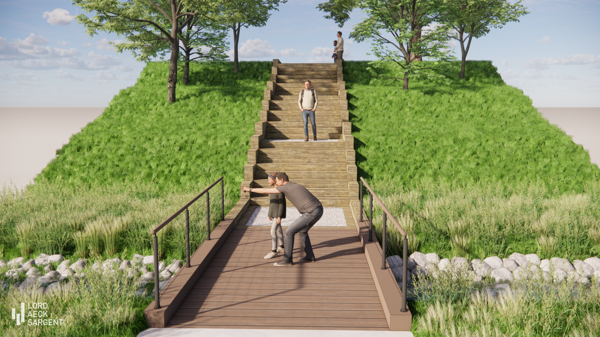 A person helps a child onto a wooden bridge; stairs lead up a grassy hill with trees and two figures.