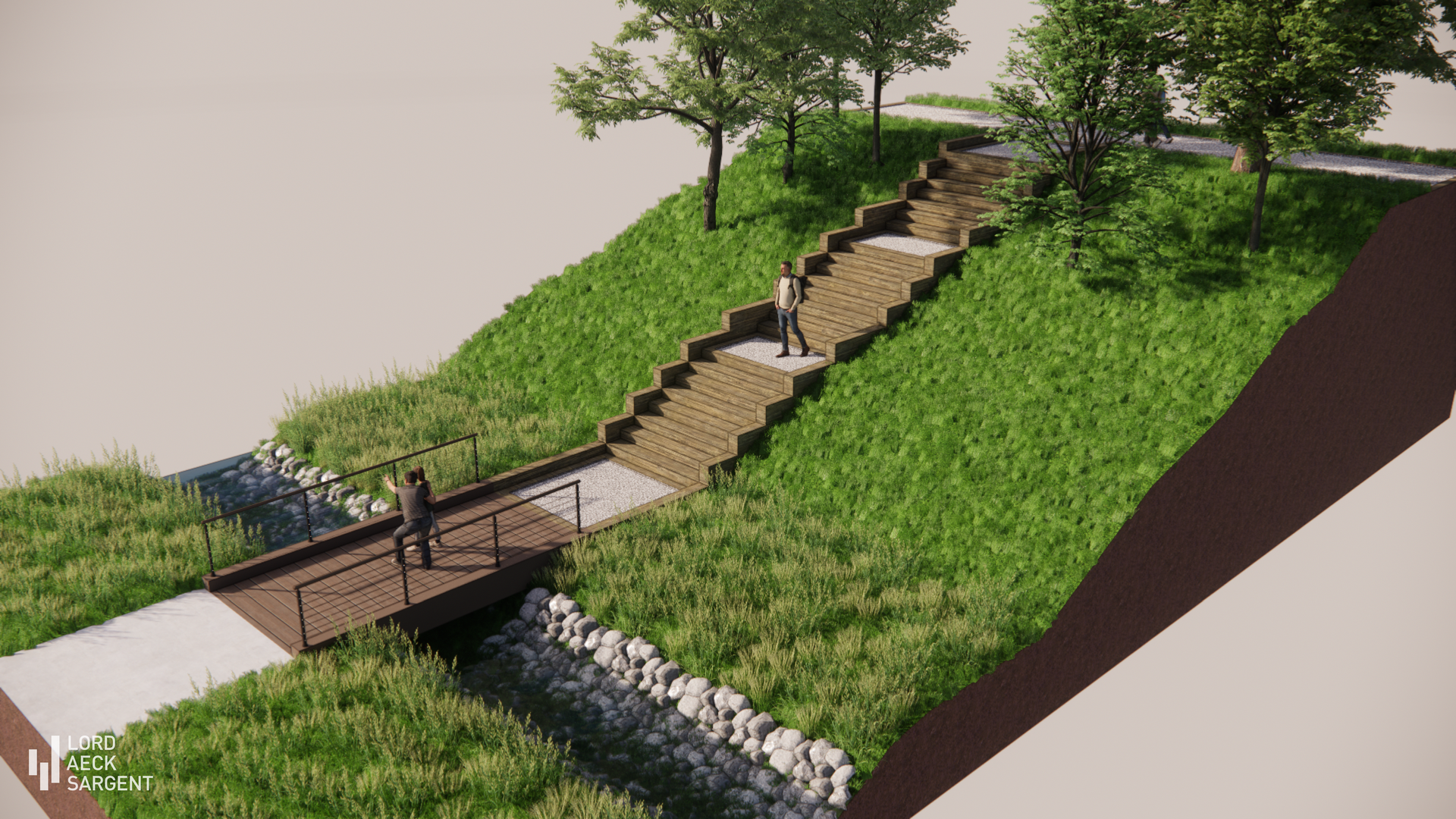 Rendering of a park with a bridge and steps up a grassy hill. People walk on the bridge and steps.