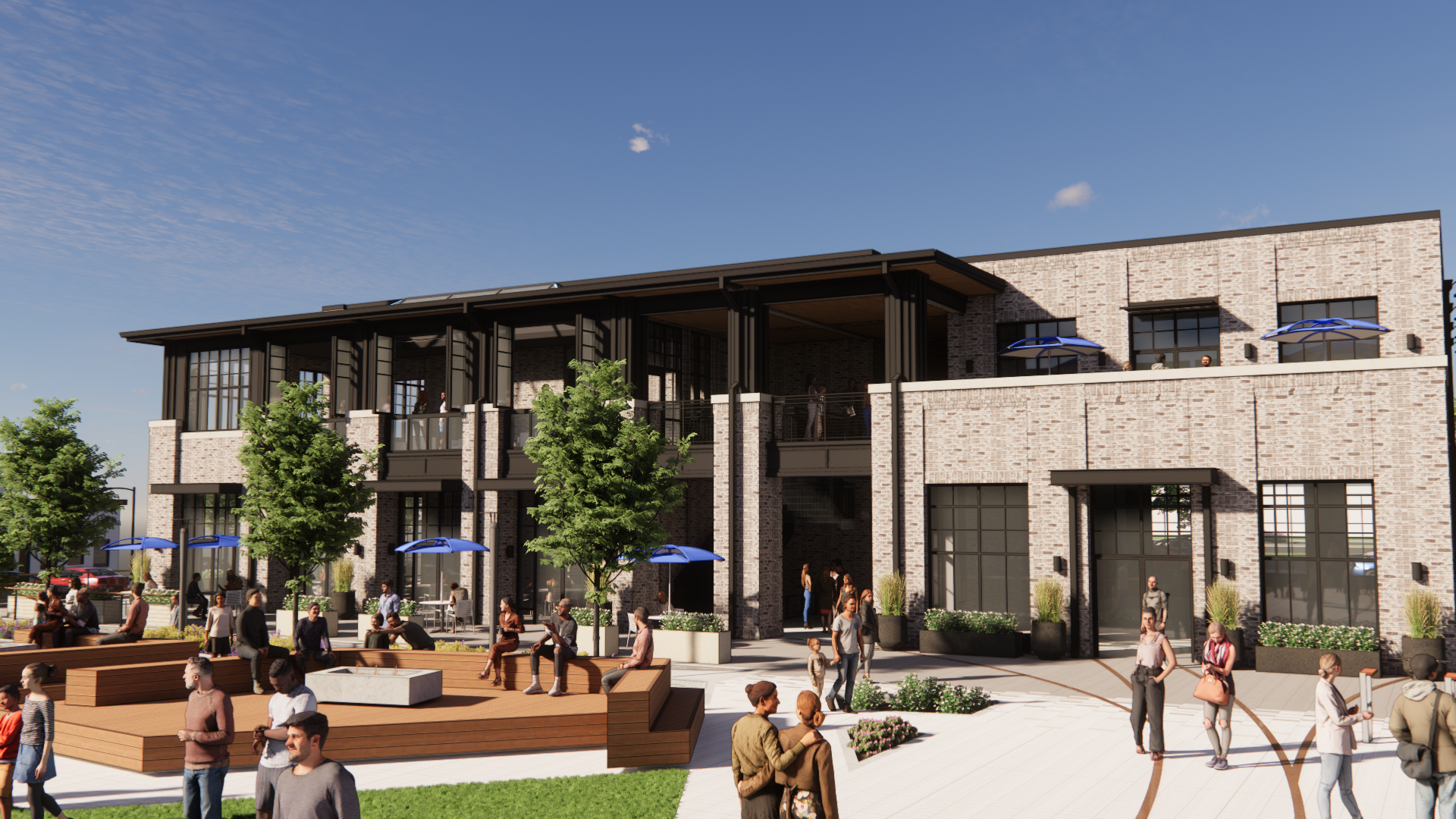 Exterior rendering of a brick building with outdoor seating, trees, and people. Blue sky.