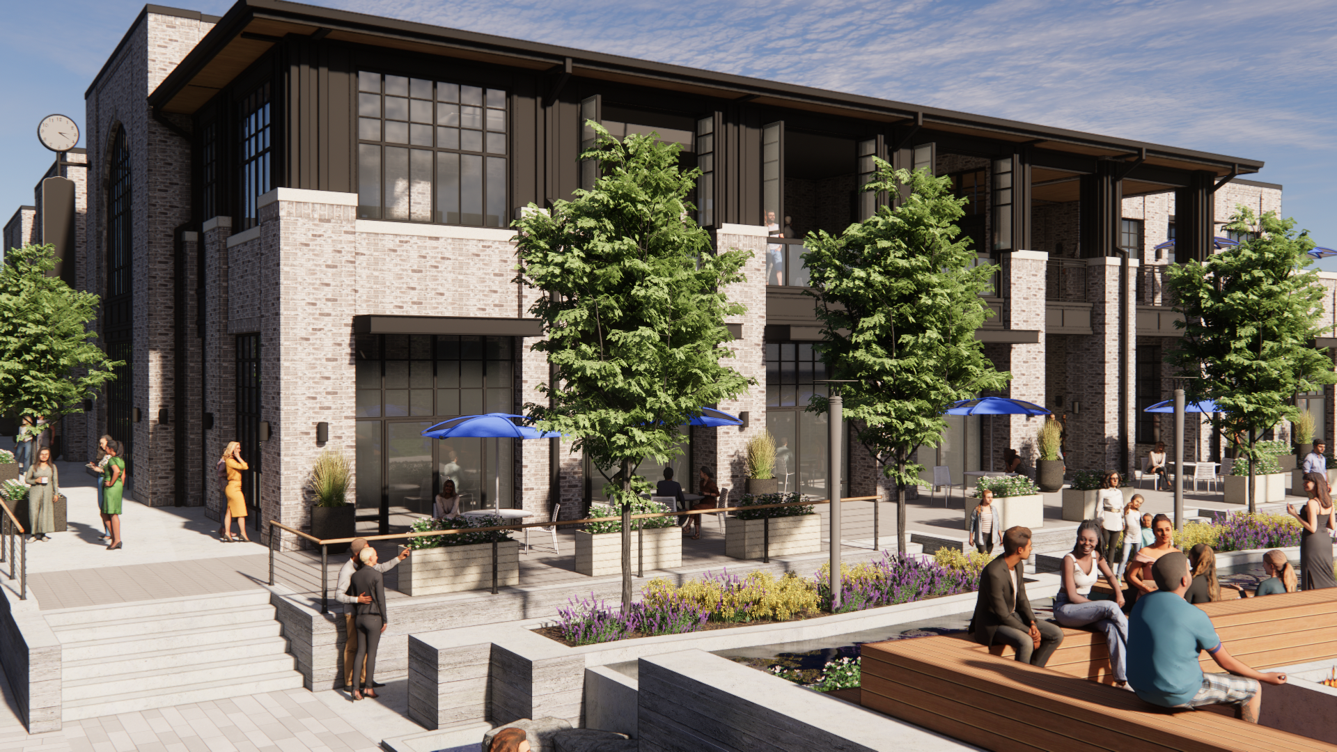 Exterior rendering of a modern brick building with outdoor seating and pedestrians enjoying the plaza.