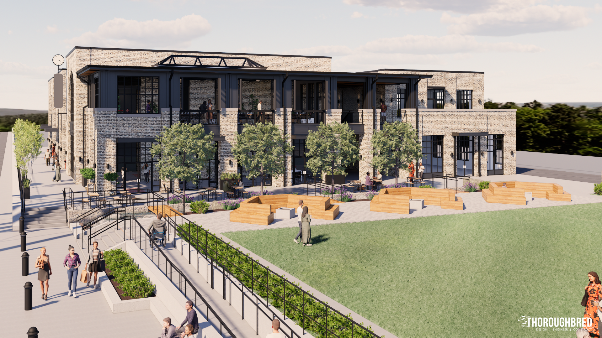 Exterior rendering of a modern building with stone facade, outdoor seating, green space, and pedestrians.