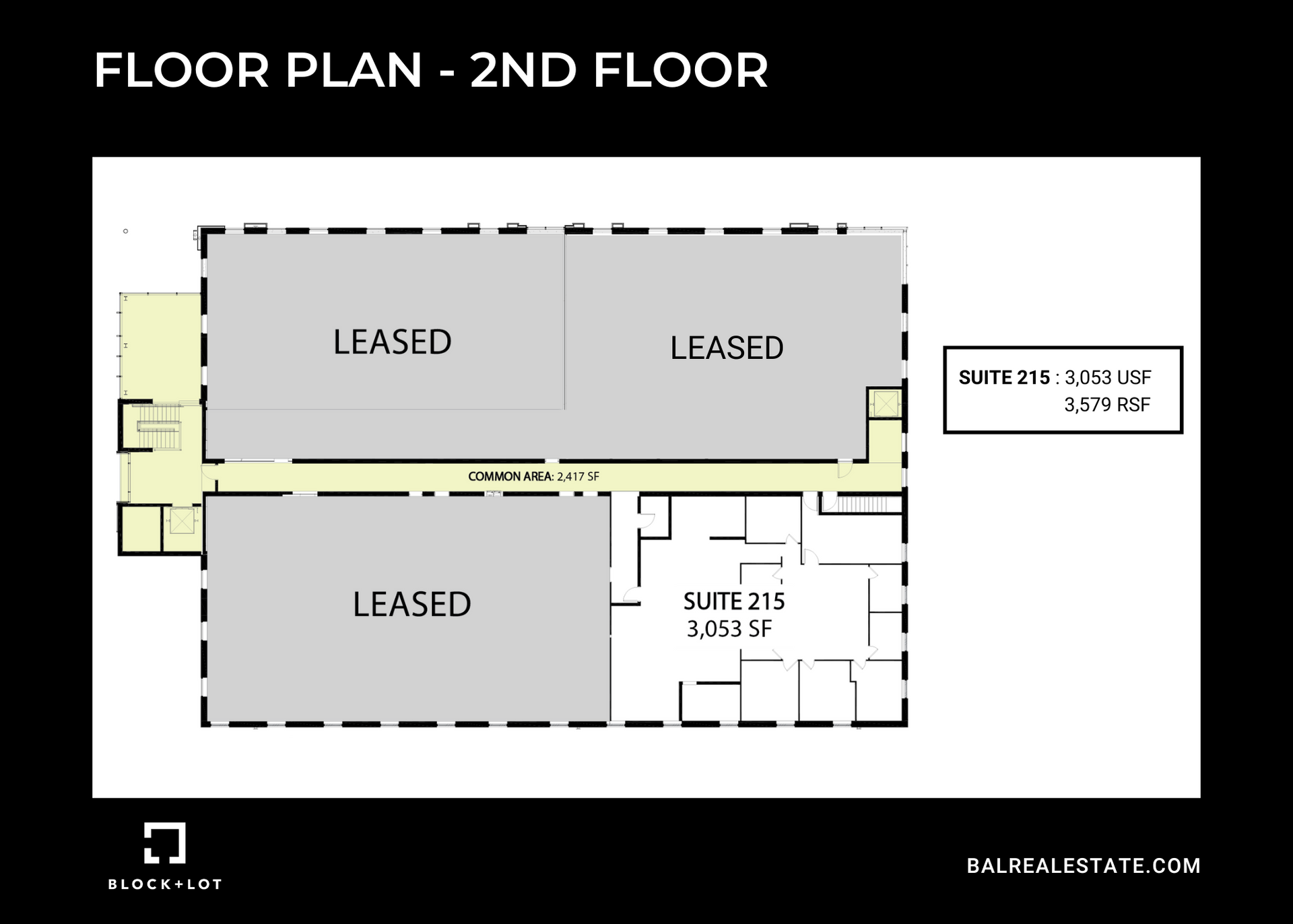 Floor plan of a second-floor commercial space. Three rectangular sections labeled "LEASED", a smaller section "SUITE 213", and a hallway.