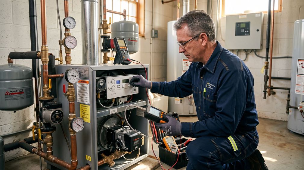 Technician inspecting a boiler system in a utility room, reaching toward the control panel.