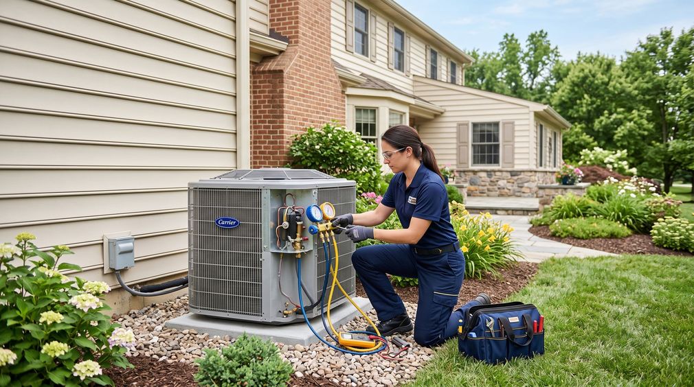 Technician servicing an outdoor air conditioner unit beside a suburban house