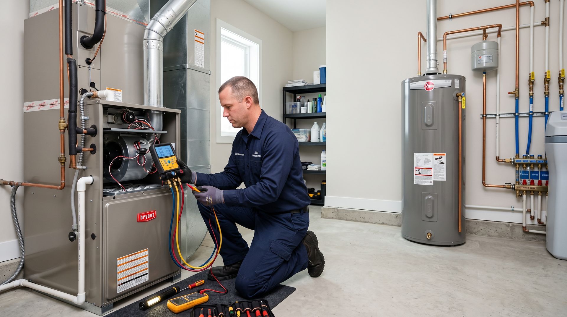 Technician servicing a gas furnace in a utility room beside a water heater and exposed piping