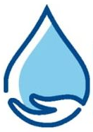 Blue water droplet with a hand cupping its base Blue water droplet with a hand cupping its base