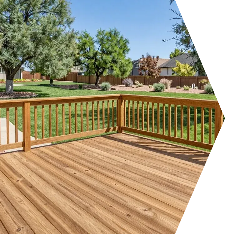 Wooden deck overlooking a grassy backyard with trees and a house in the distance