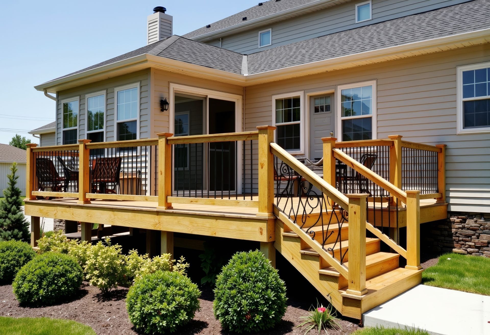 Custom decking with wood railings and stairs on a raised backyard deck
